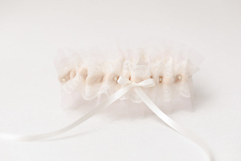 custom garter with blush tulle, velvet, pearls and hand embroidered on the inside by The Garter Girl