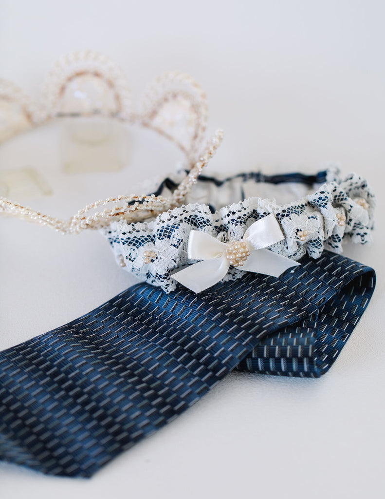 wedding garter handmade from dad's tie and grandmother's crown by The Garter Girl