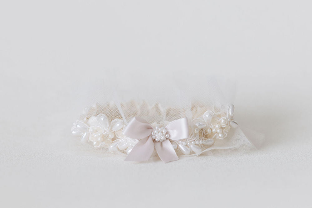 wedding garter with lace, tulle, and pearls from bride's mother's dress and personalized embroidery - a handmade wedding heirloom by The Garter Girl