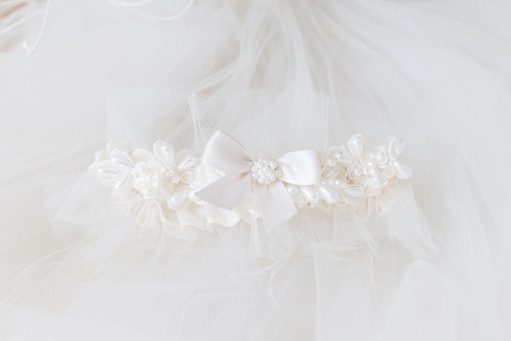 wedding garter with lace, tulle, and pearls from bride's mother's dress and personalized embroidery - a handmade wedding heirloom by The Garter Girl