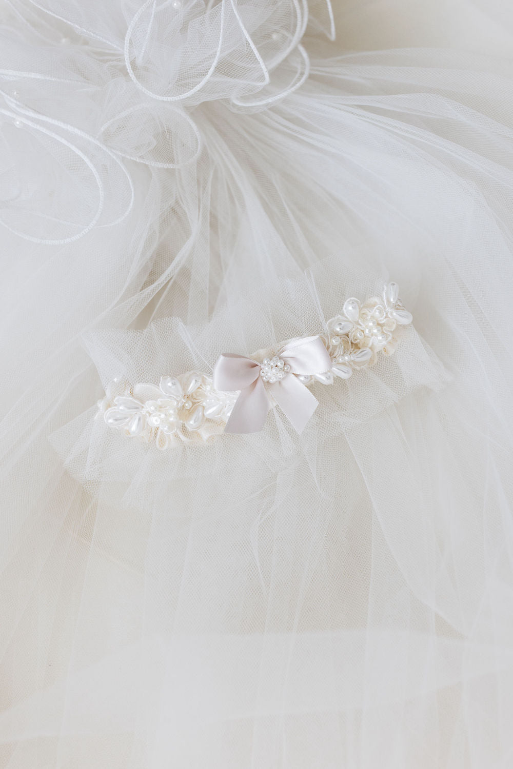 wedding garter with lace, tulle, and pearls from bride's mother's dress and personalized embroidery - a handmade wedding heirloom by The Garter Girl
