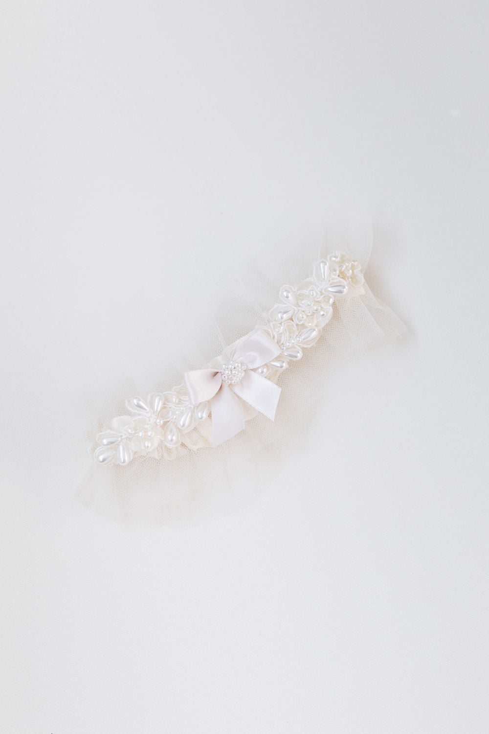 wedding garter with lace, tulle, and pearls from bride's mother's dress and personalized embroidery - a handmade wedding heirloom by The Garter Girl