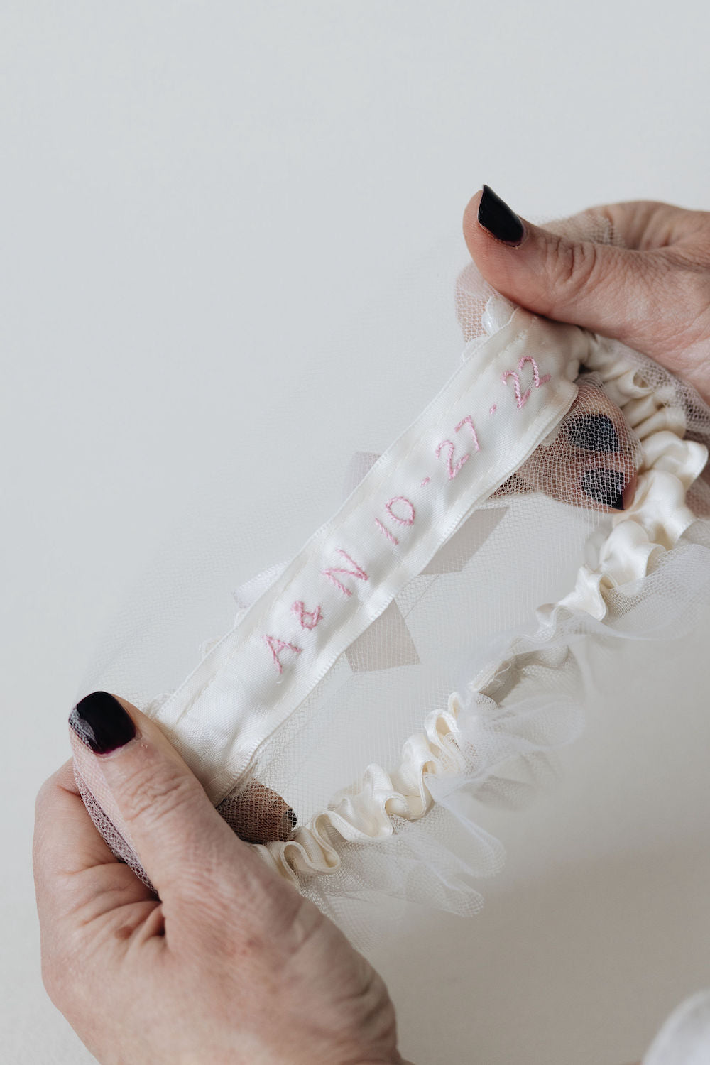 wedding garter with lace, tulle, and pearls from bride's mother's dress and personalized embroidery - a handmade wedding heirloom by The Garter Girl