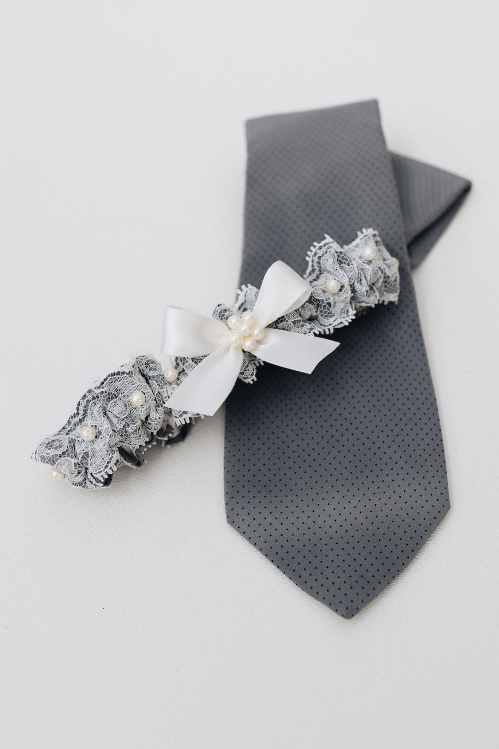 wedding garter with gray satin from bride's father's tie, ivory lace, and pearls - a handmade wedding heirloom by The Garter Girl