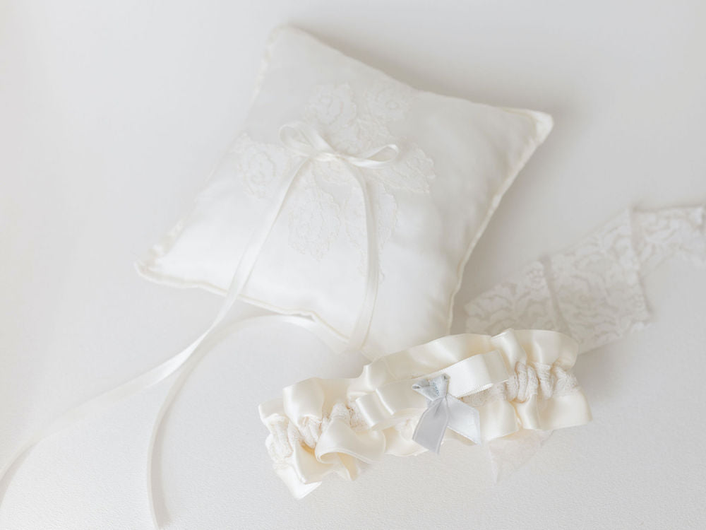 wedding garter and ring pillow handmade from bride's mother's wedding lace purse pouch - handmade heirloom bridal accessories by The Garter Girl
