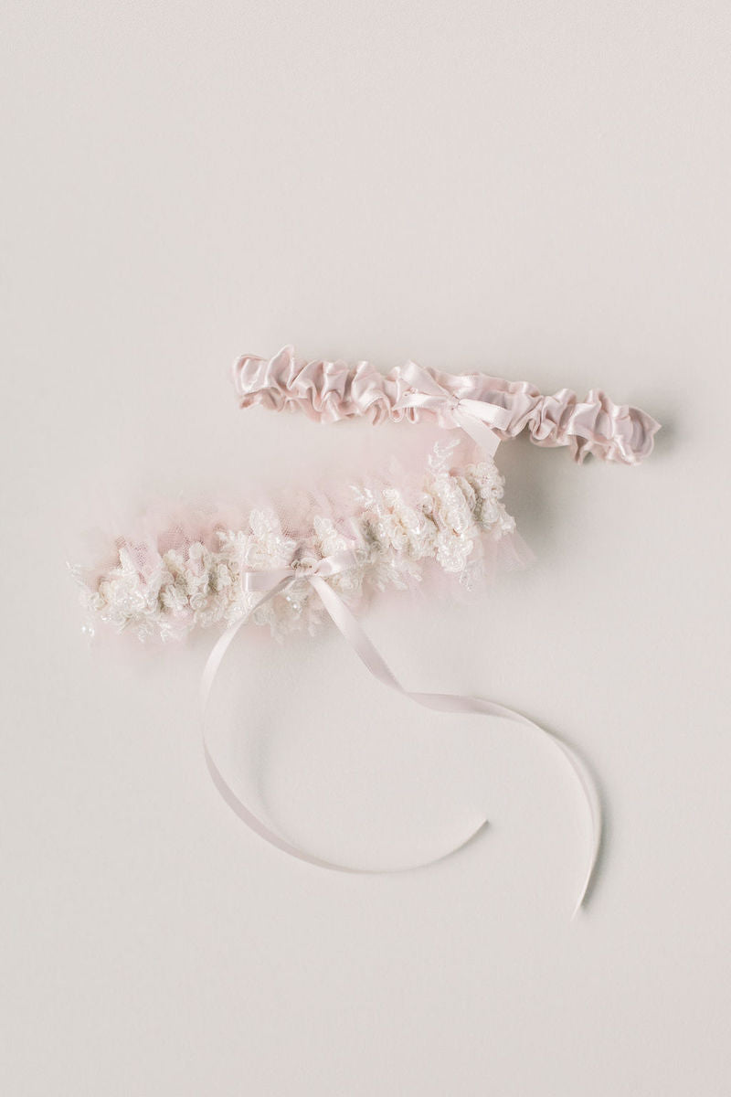 blush tulle and sparkle lace wedding garter set heirloom from The Garter Girl