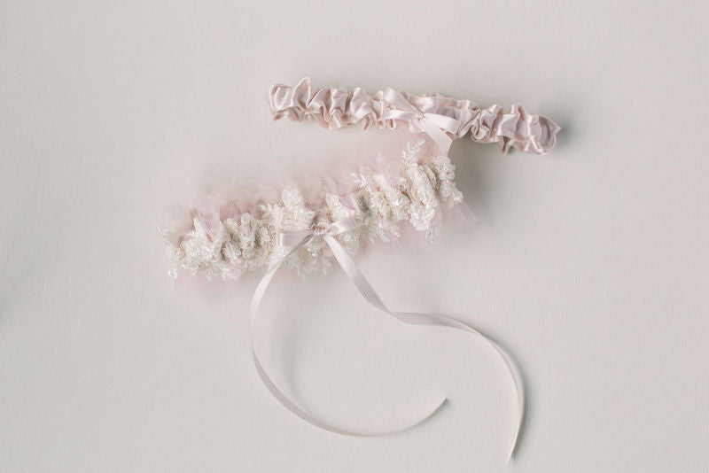 blush tulle and sparkle lace wedding garter set heirloom from The Garter Girl