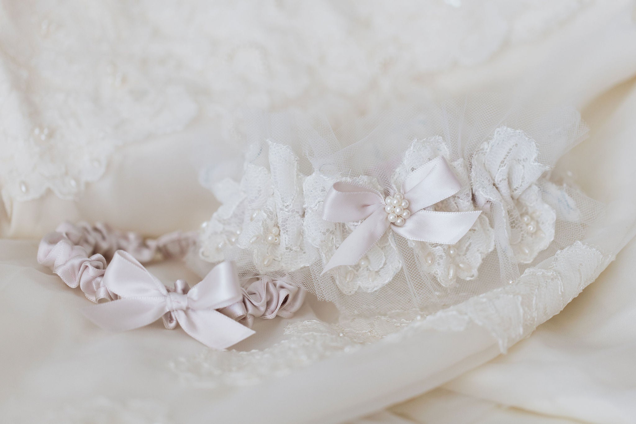 wedding garter set made from mothers wedding dress with pearls, lace, blush accents and personalized embroidery - a handmade wedding heirloom by The Garter Girl