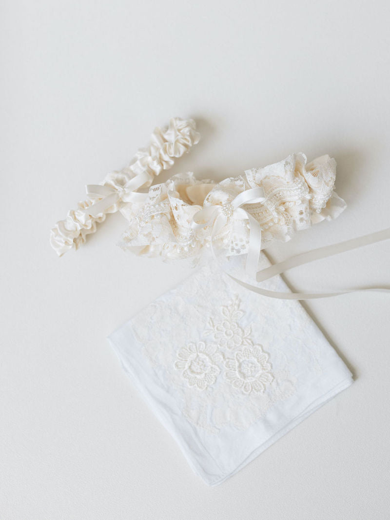 Wedding Garter with Lace and Pearls and Handkerchief From Mother's Wedding Dress