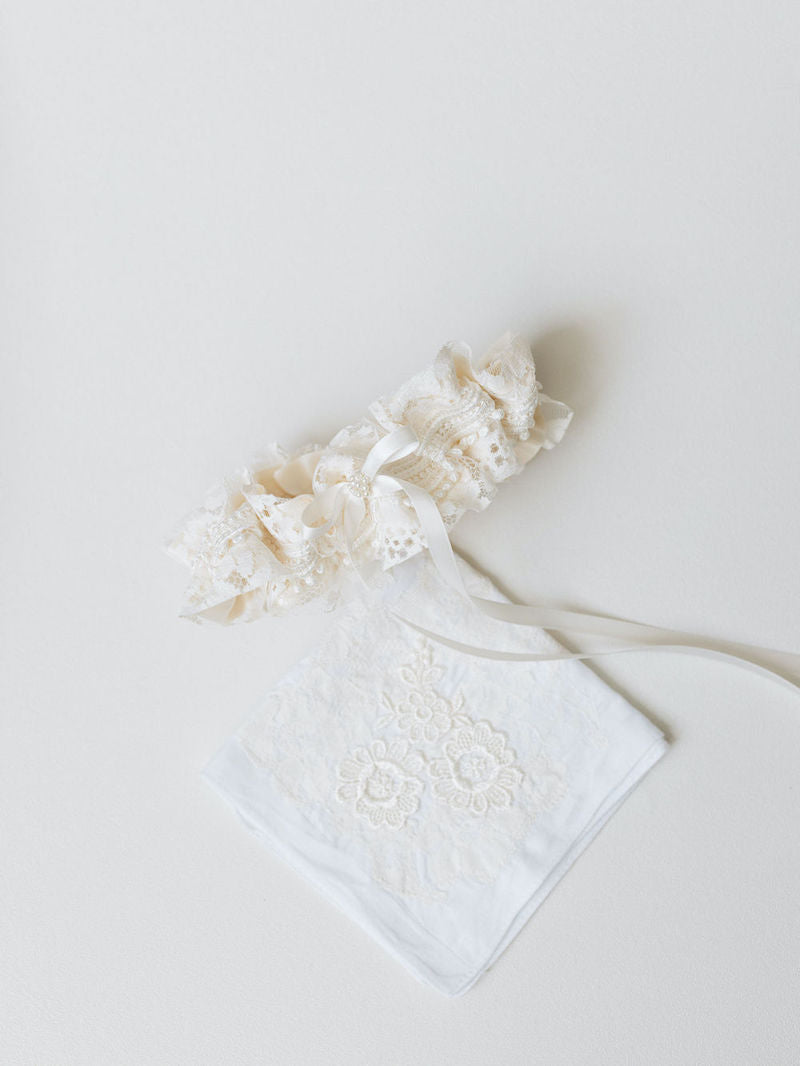 Wedding Garter with Lace and Pearls and Handkerchief From Mother's Wedding Dress