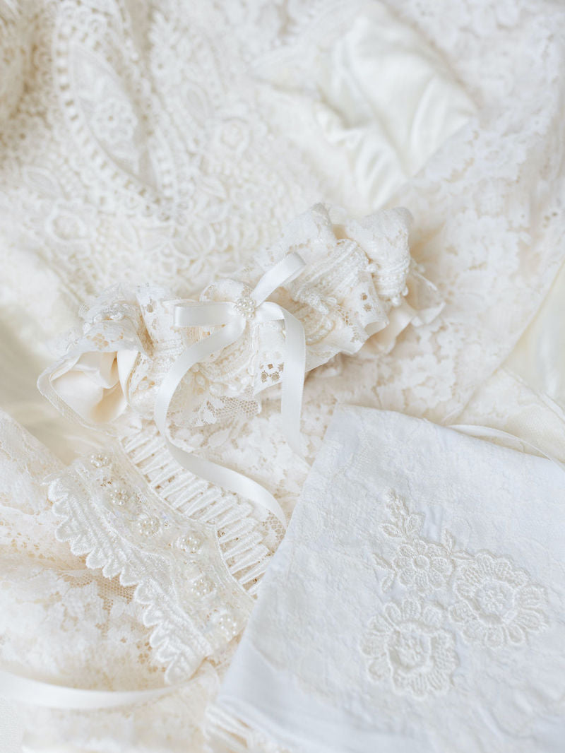 Wedding Garter with Lace and Pearls and Handkerchief From Mother's Wedding Dress