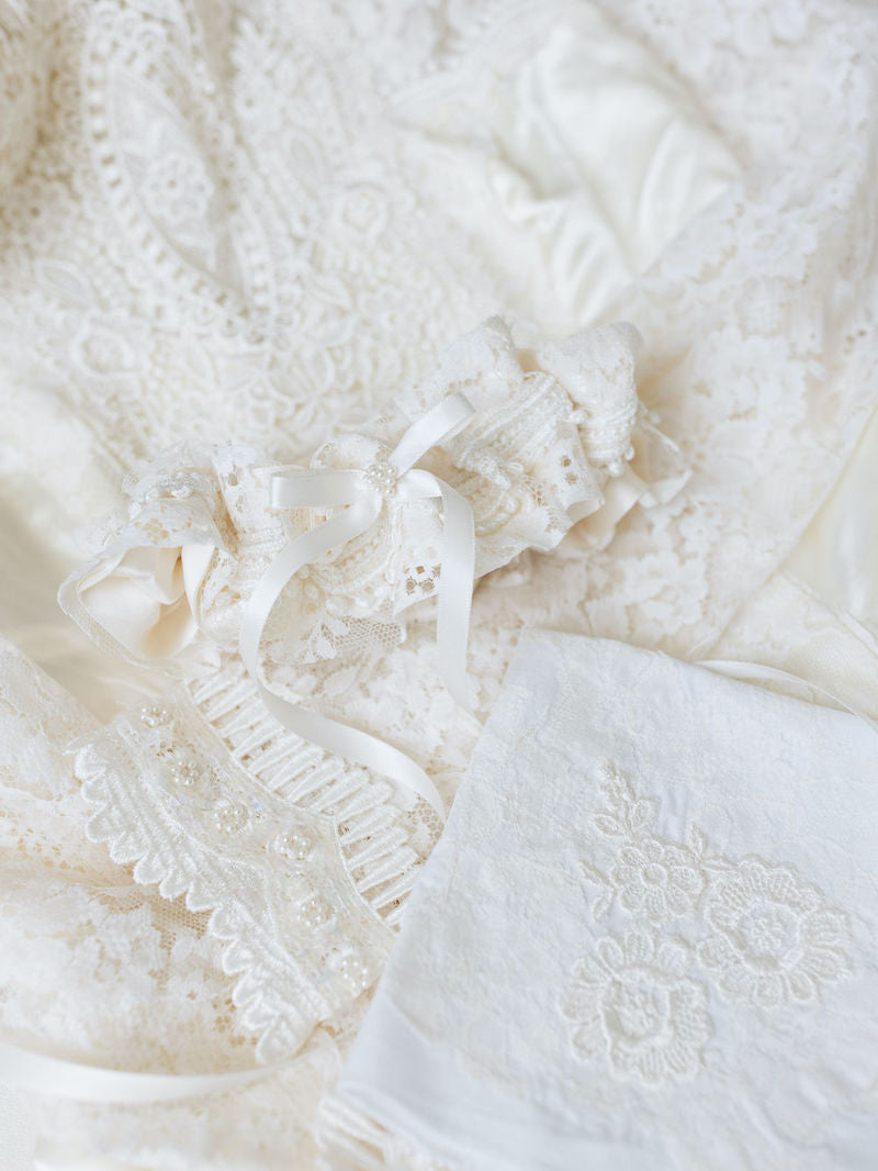 Lace & Pearl Wedding Garter & Handkerchief From Mom's Wedding Dress