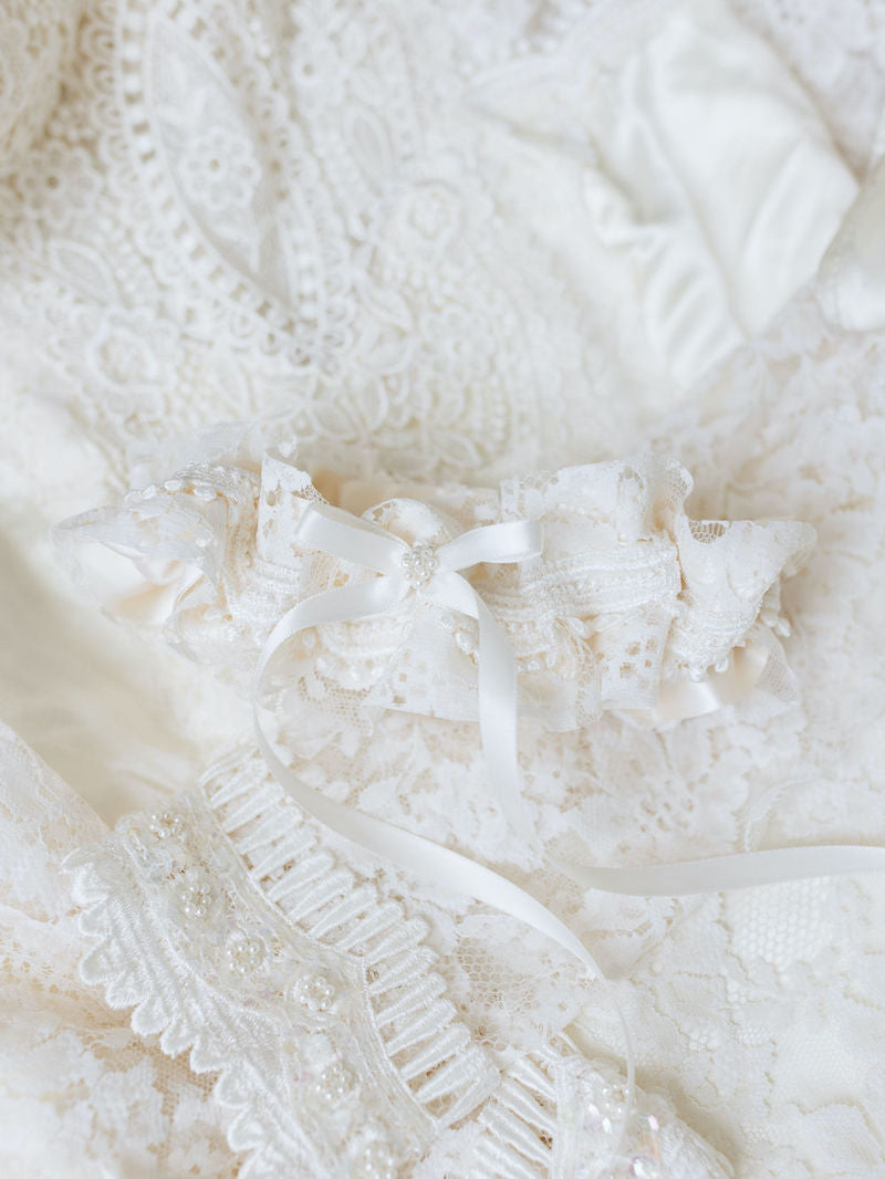 Wedding Garter with Lace and Pearls and Handkerchief From Mother's Wedding Dress