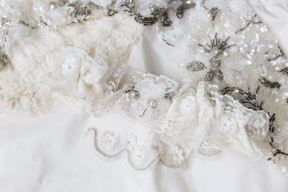 heirloom wedding garter with tulle and pearl materials from mom and grandmother's wedding dress handmade by The Garter Girl