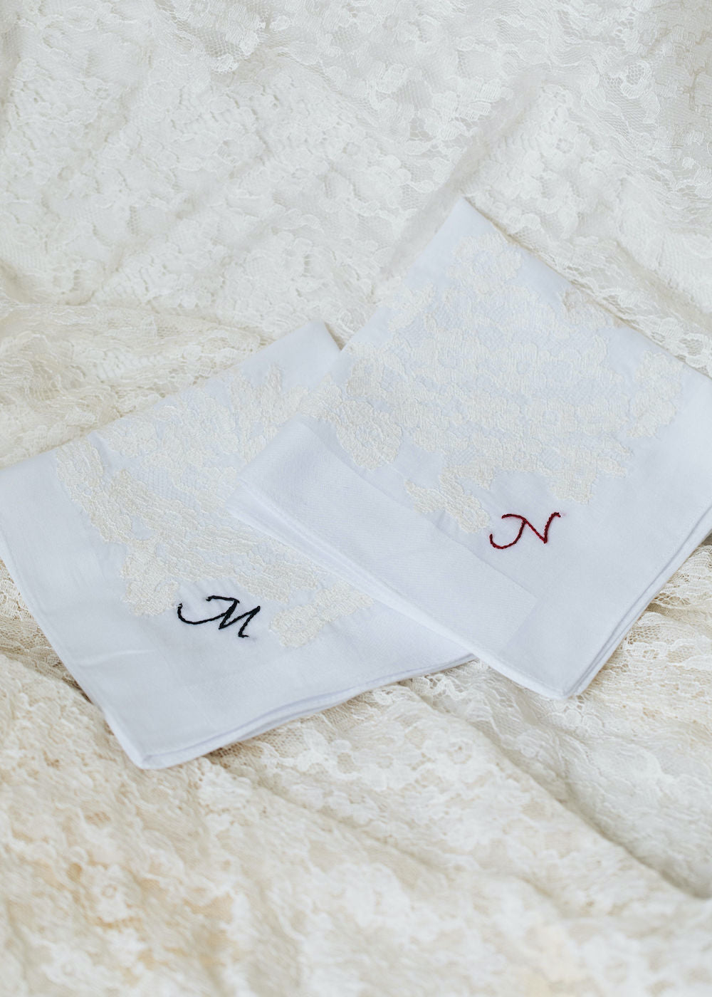 using great grandmother's wedding dress lace on two wedding handkerchiefs personalized with monogram embroidery - handmade wedding heirlooms from The Garter Girl