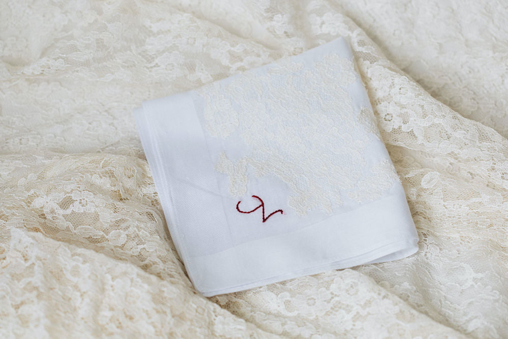 using great grandmother's wedding dress lace on two wedding handkerchiefs personalized with monogram embroidery - handmade wedding heirlooms from The Garter Girl