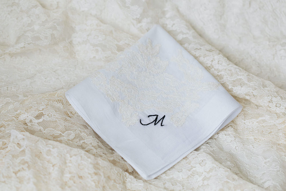 using great grandmother's wedding dress lace on two wedding handkerchiefs personalized with monogram embroidery - handmade wedding heirlooms from The Garter Girl