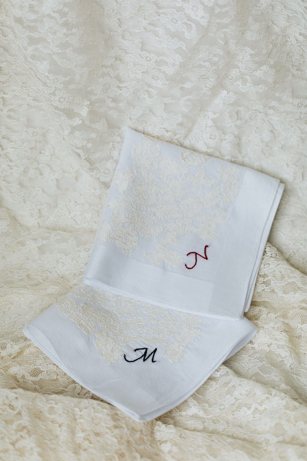 using great grandmother's wedding dress lace on two wedding handkerchiefs personalized with monogram embroidery - handmade wedding heirlooms from The Garter Girl