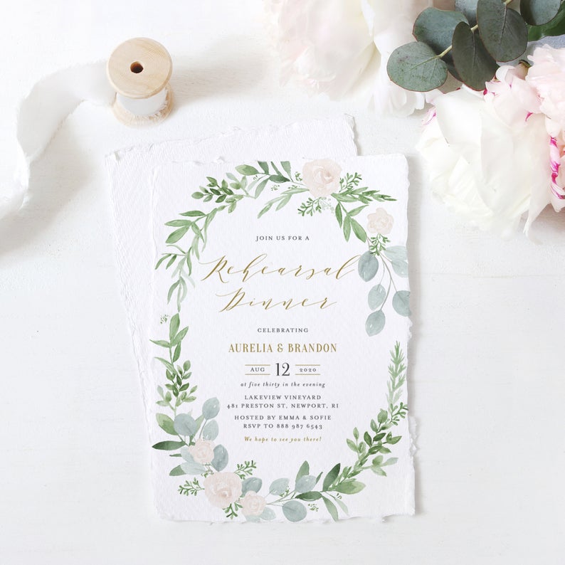 Greenery Watercolor Rehearsal Dinner Invitations