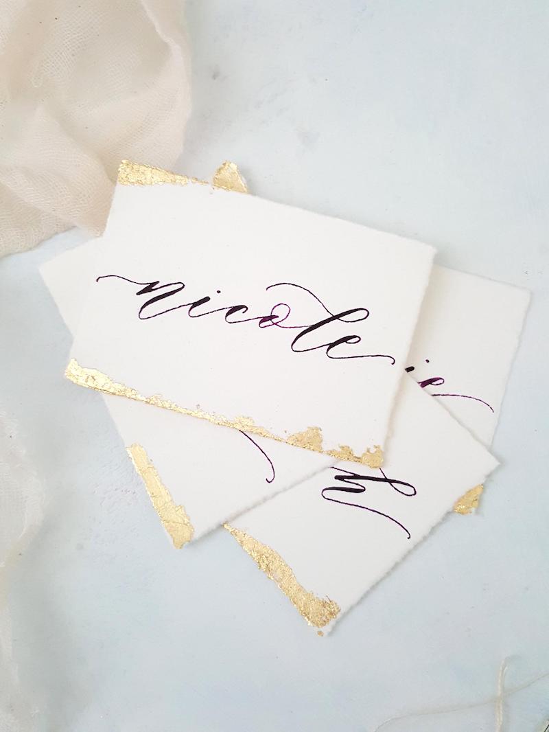 Handwritten Name Place Cards with Gold Leaf