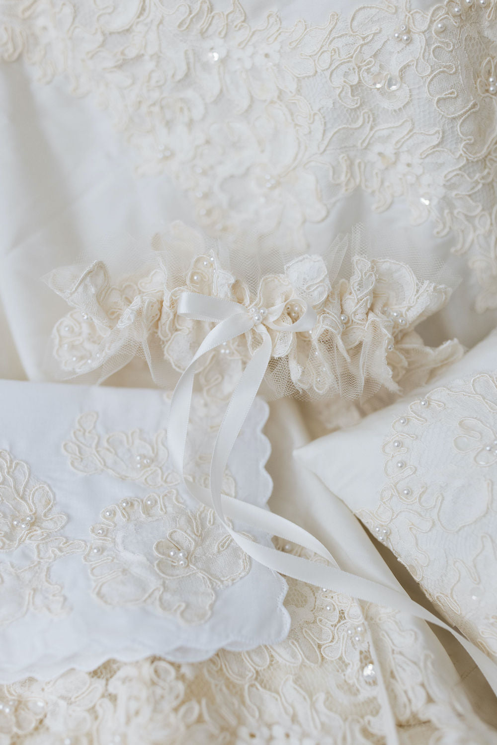 lace and pearl wedding garter ring pillow and handkerchief heirlooms from mom's wedding dress handmade by The Garter Girl