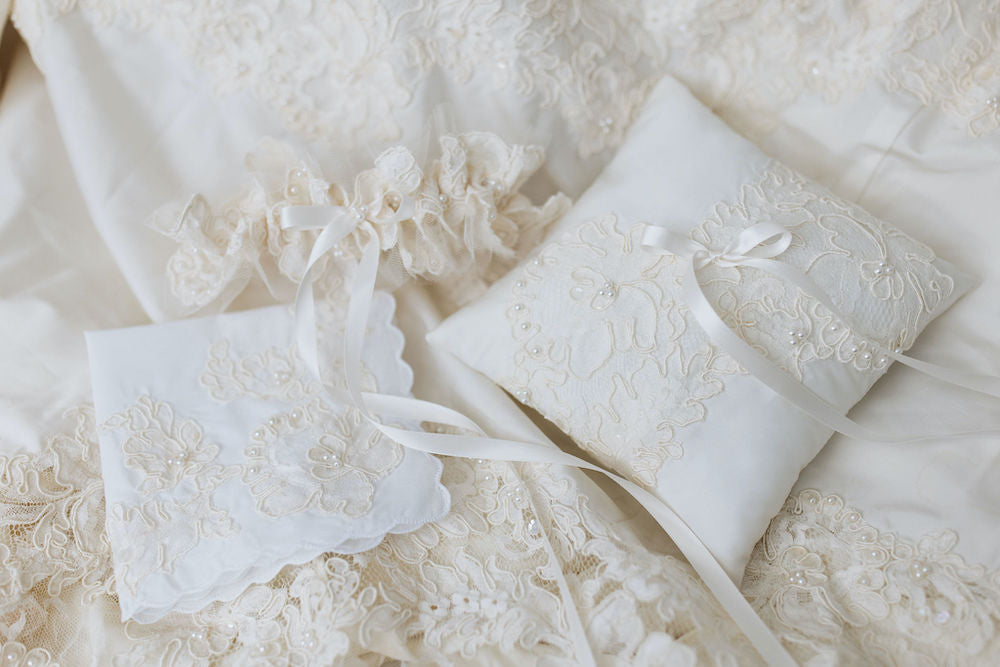 from mom's wedding dress lace and pearl handkerchief and ring pillow wedding heirloom handmade by The Garter Girl