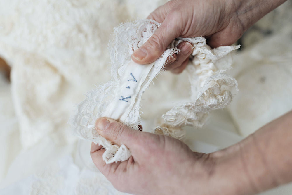 embroidered eyelash lace ivory wedding garter from mom's wedding dress handmade by The Garter Girl