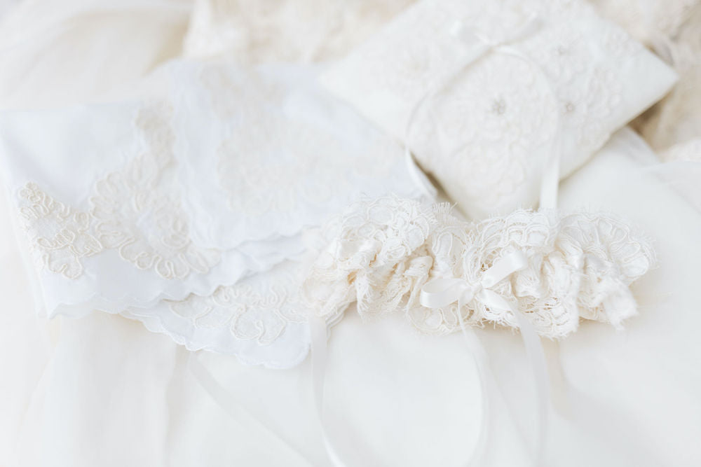 ivory garter, ring pillow & handkerchief ivory wedding heirlooms made with mom's wedding dress lace by The Garter Girl