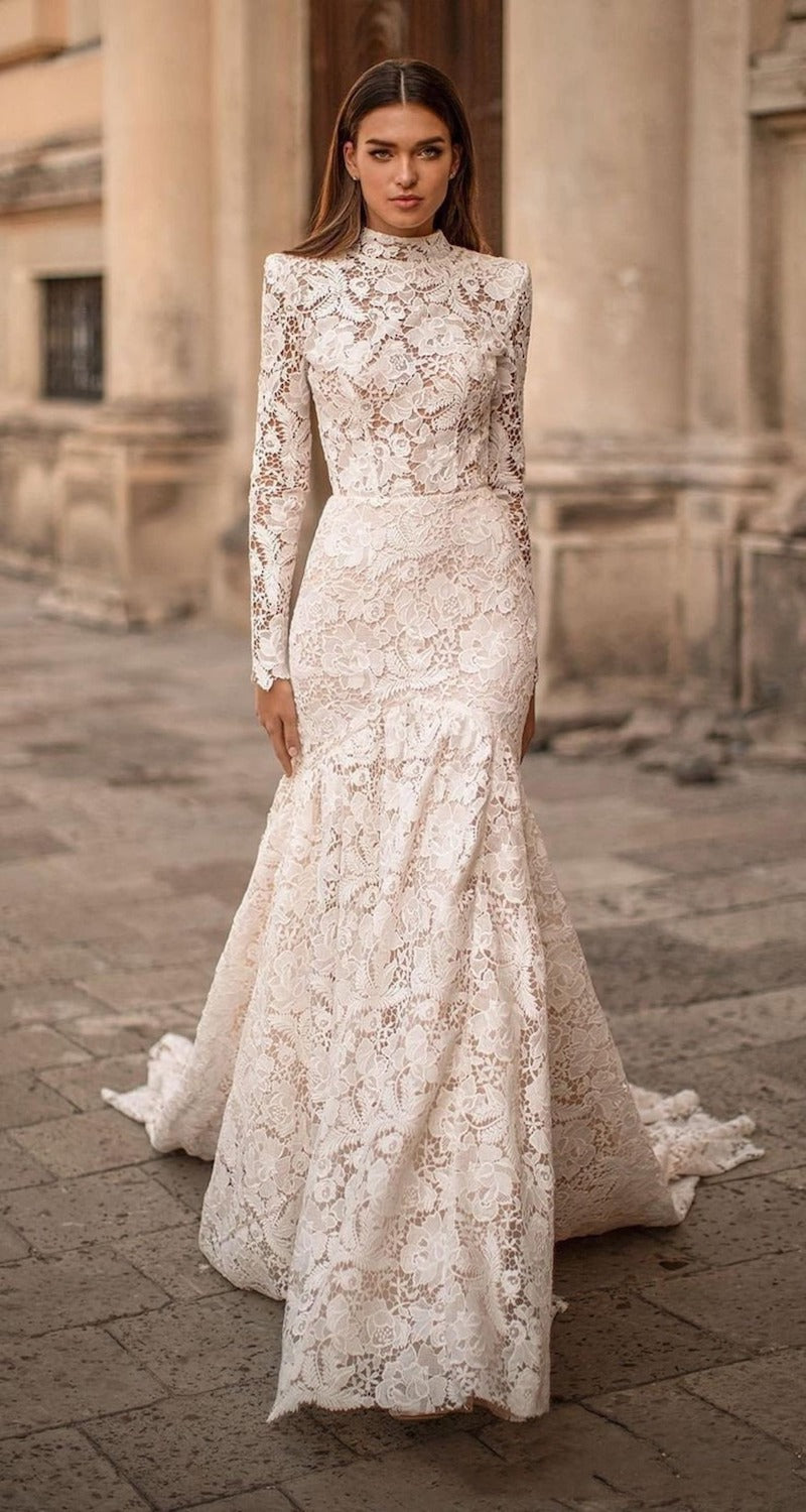 High Neck Lace Trumpet Wedding Dress