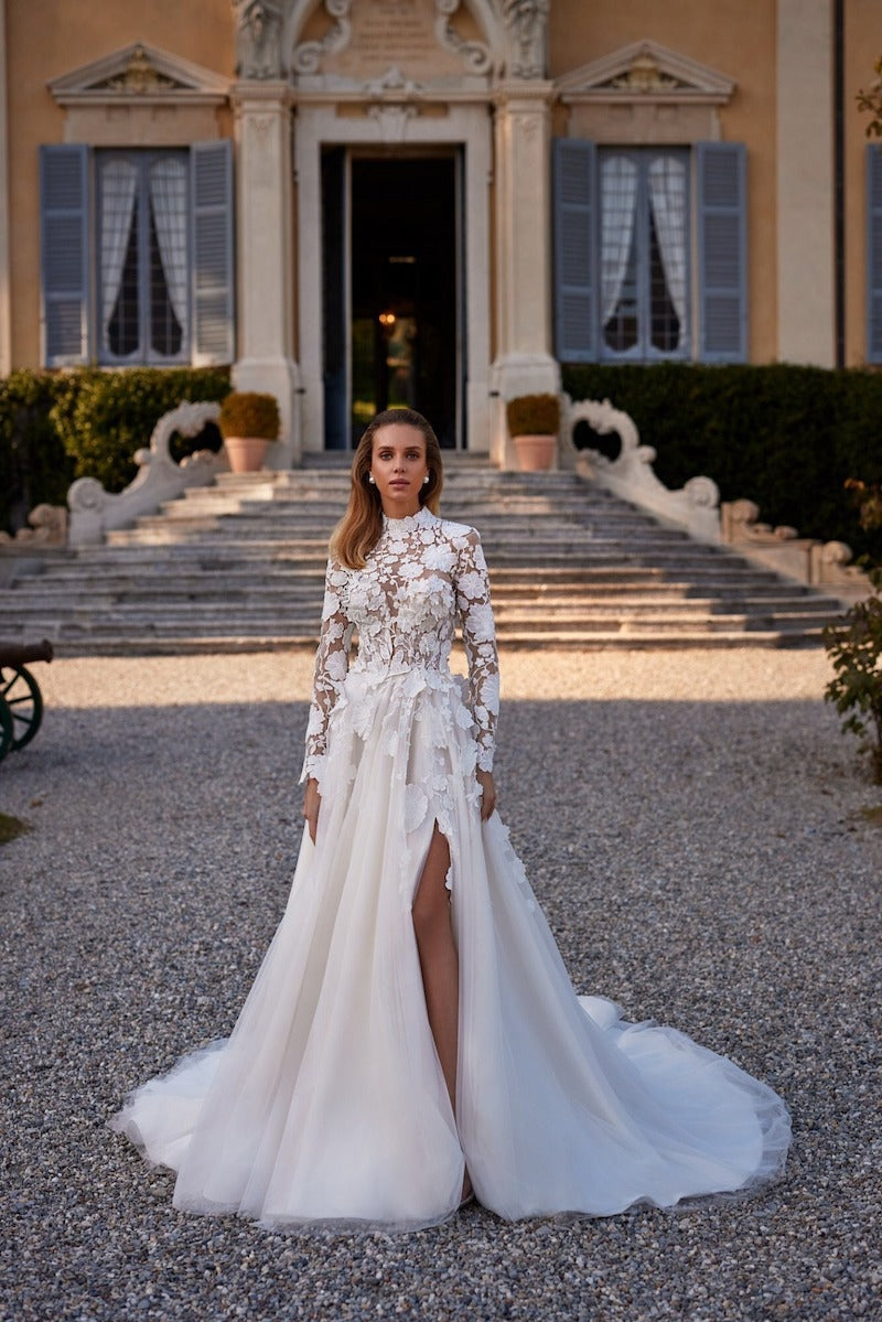 High Neck Long Sleeve 3D Floral Wedding Dress