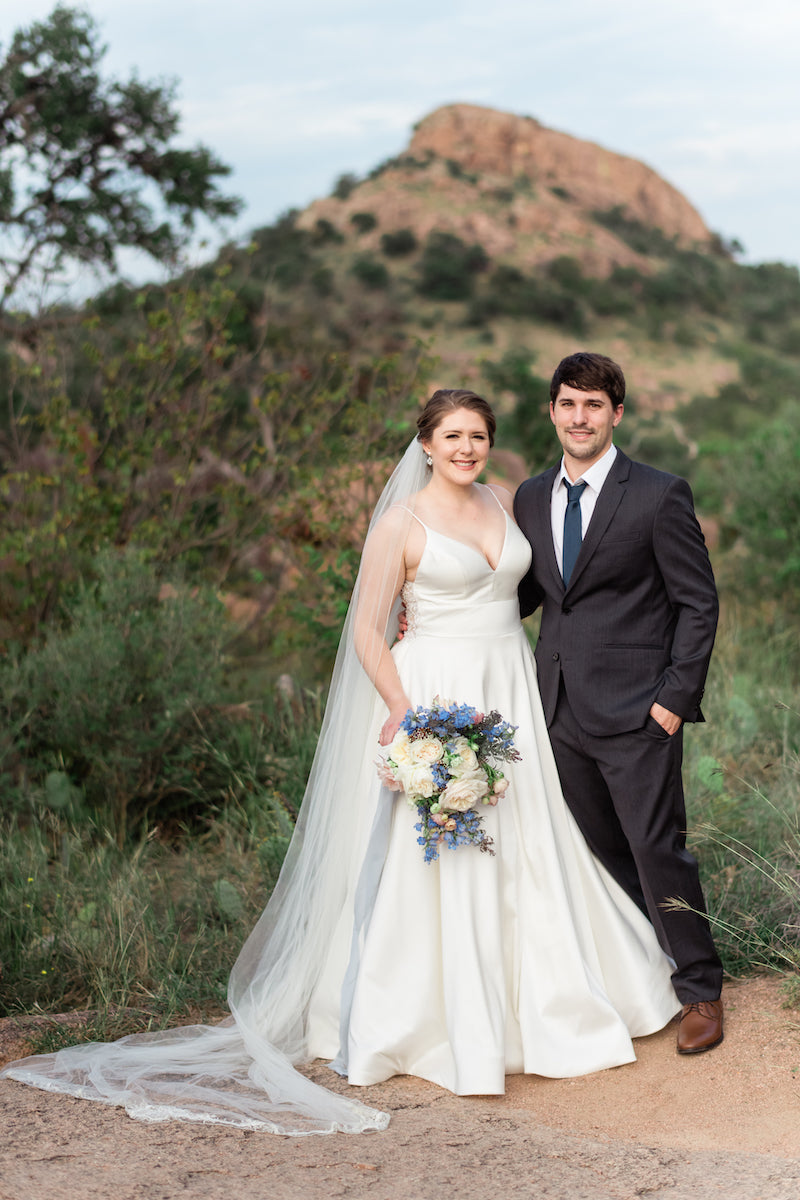 Hiking Bride and Groom on Mountainside Adventure Session Wedding Day Photos