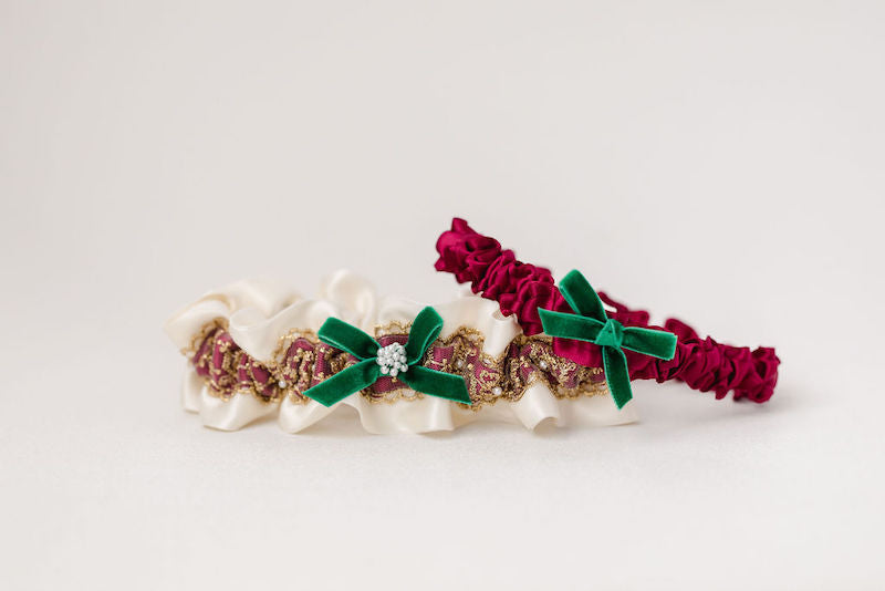 holiday themed wedding garter set with gold lace, pearls and velvet from The Garter Girl