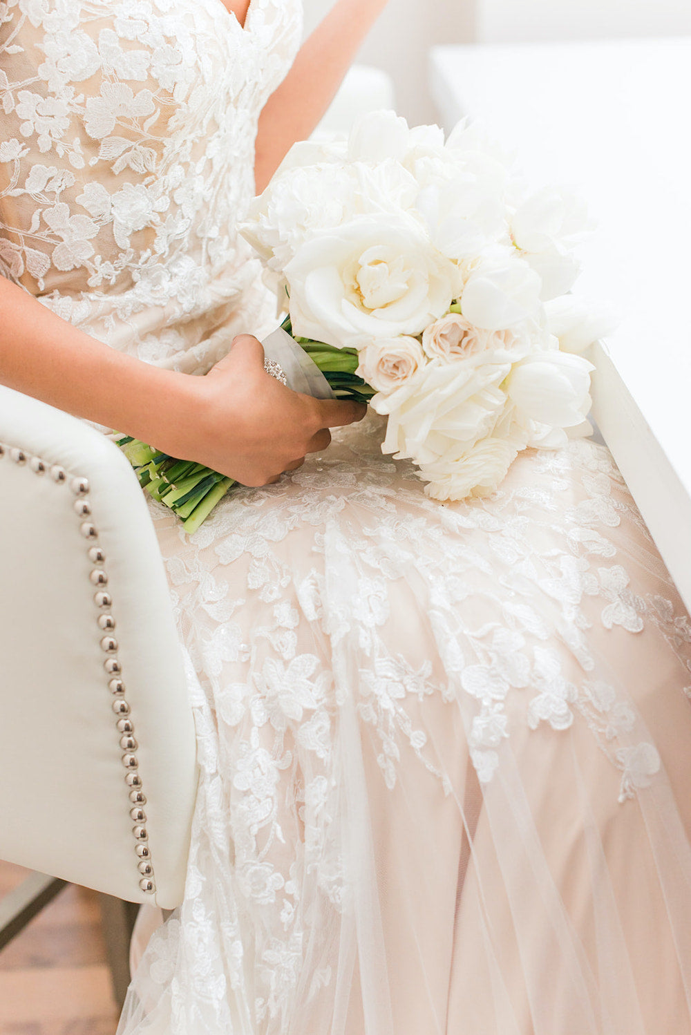 white bridal bouquet with tips for how to handle the holidays with wedding planning - The Garter Girl