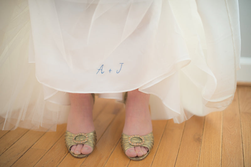 how to sew inside wedding dress - diy - bride gold wedding shoes - The Garter Girl