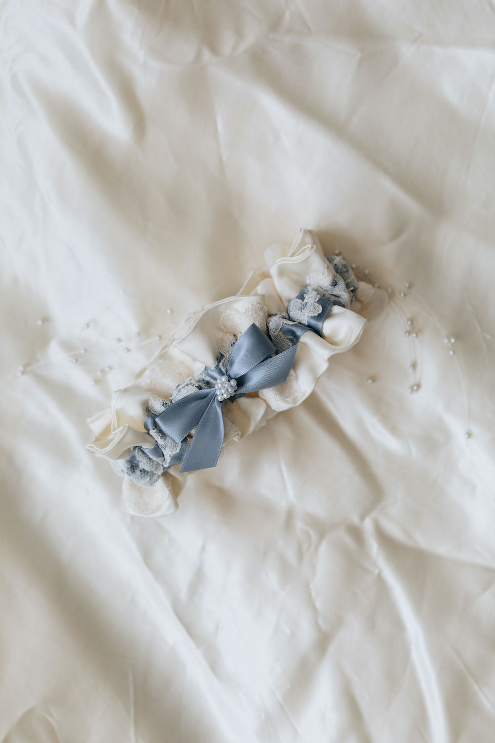 how to use great grandmother's satin wedding dress material - heirloom wedding garter with pearls & something blue handmade by The Garter Girl