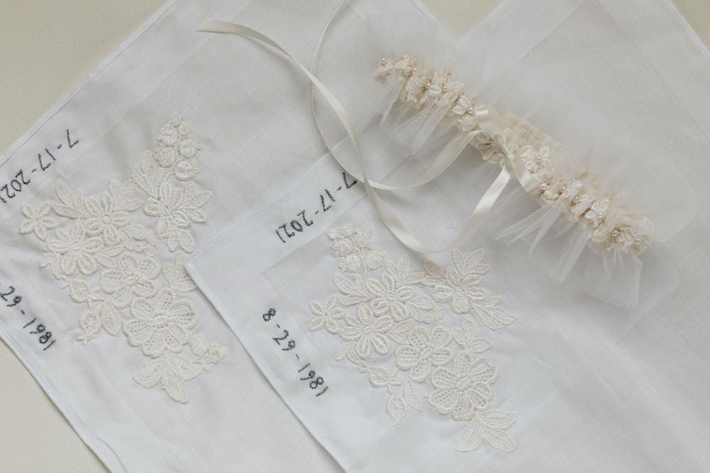 how to use your mom's wedding dress with custom wedding garter and personalized handkerchiefs by expert bridal heirloom designer, The Garter Girl