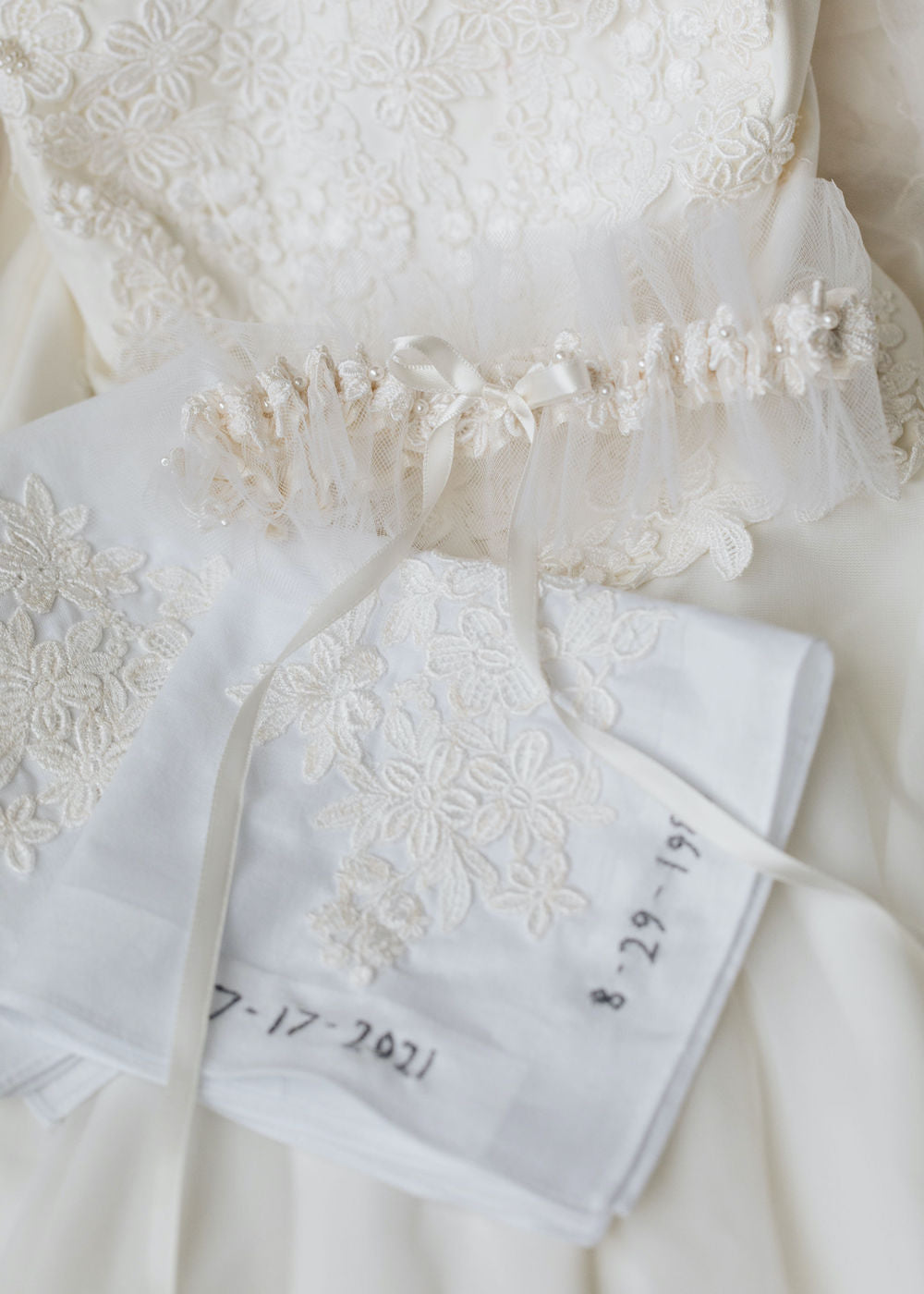 how to use your mom's wedding dress with custom wedding garter and personalized handkerchiefs by expert bridal heirloom designer, The Garter Girl