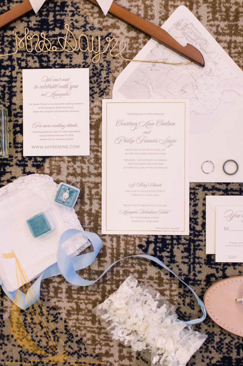 Invitation Suite, Bridal Garter, Ring Box, and Mrs Hanger