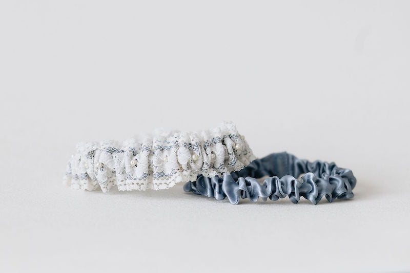 Ivory Lace, Blue and Pearl Bridal Garter With Embroidery by The Garter Girl