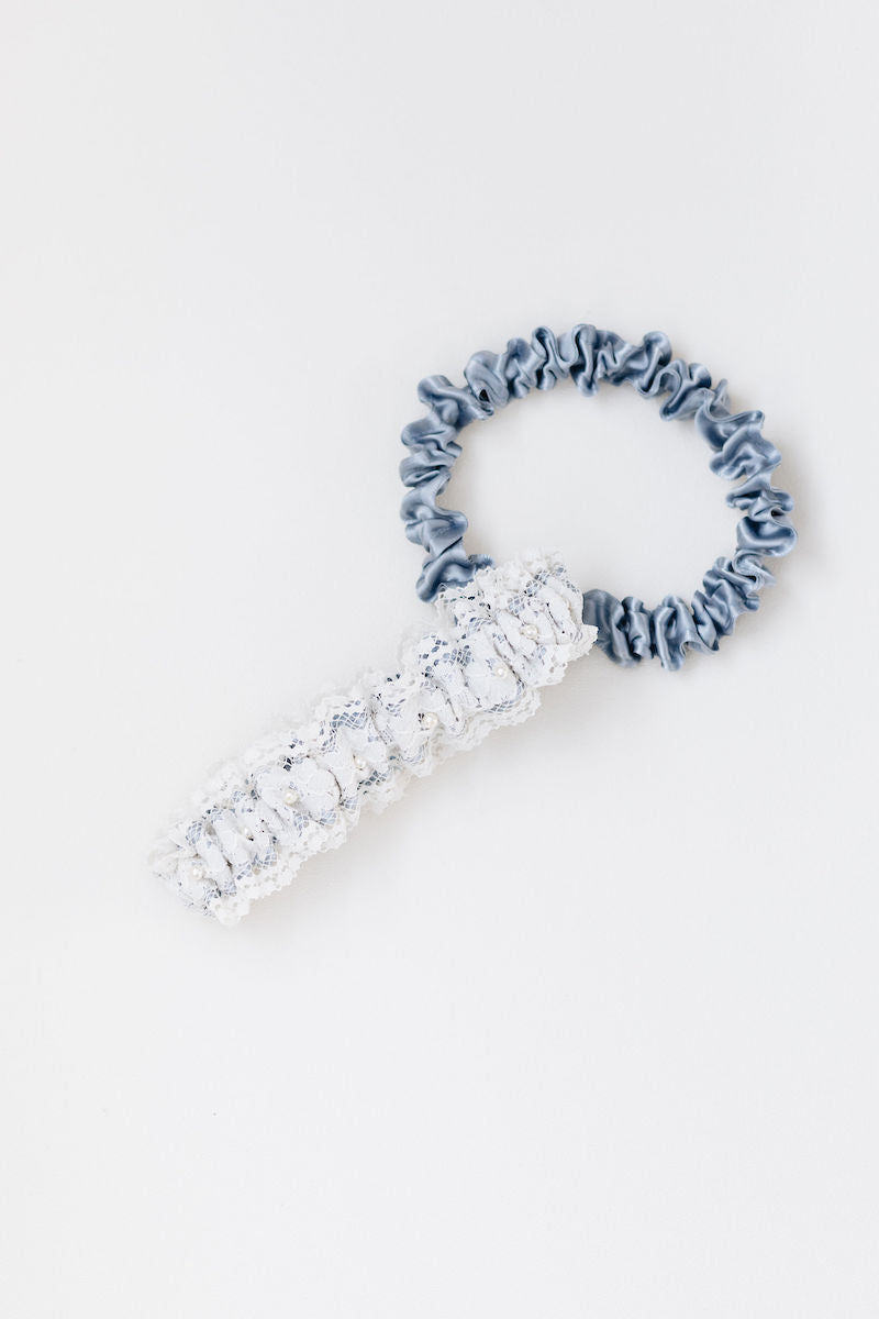 Ivory Lace, Blue and Pearl Bridal Garter With Embroidery by The Garter Girl 3