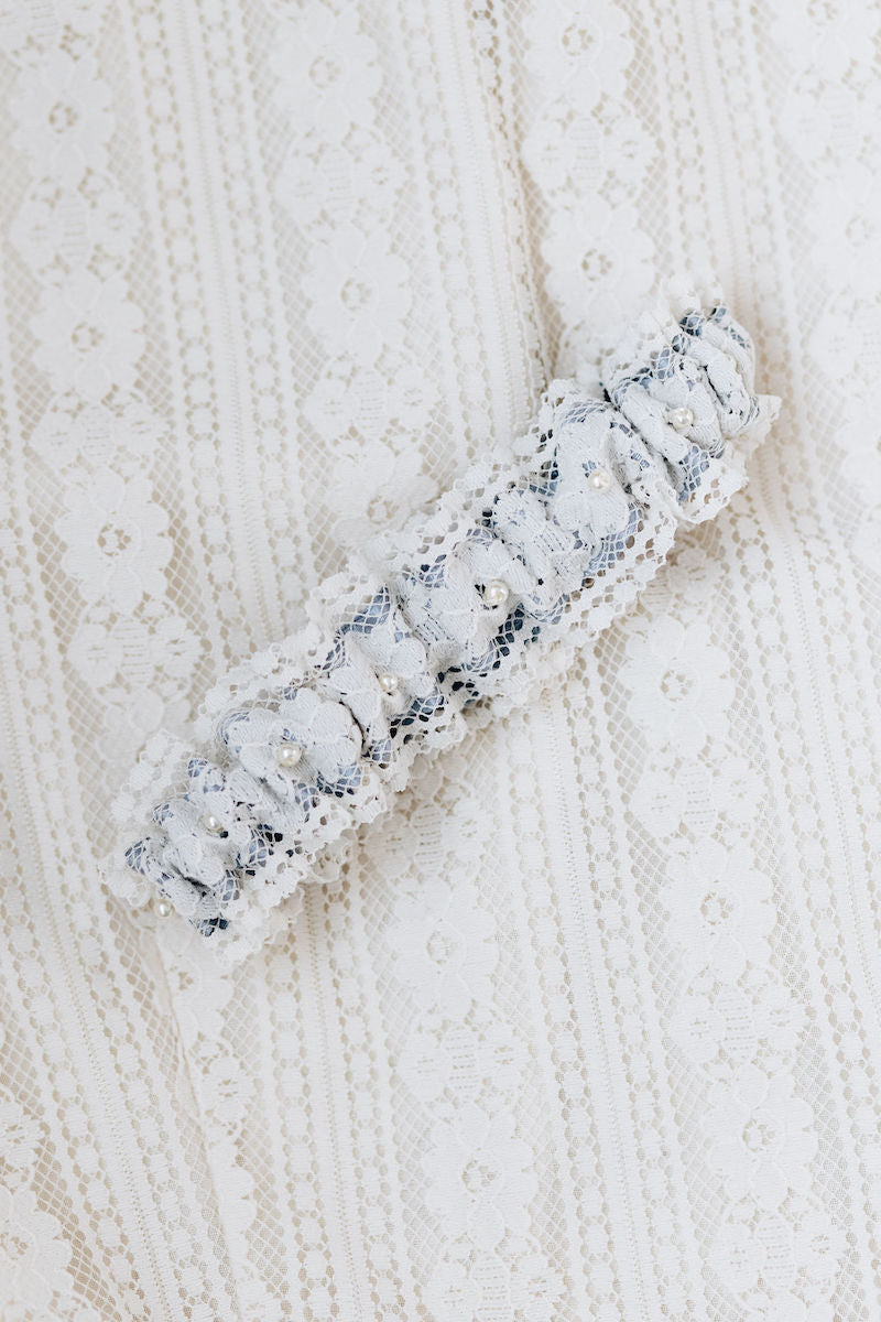 Ivory Lace, Blue and Pearl Bridal Garter With Embroidery by The Garter Girl 4