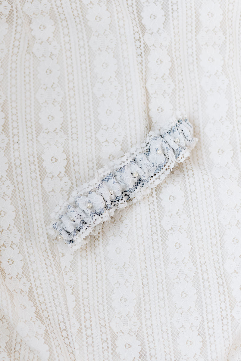 Ivory Lace, Blue and Pearl Bridal Garter With Embroidery by The Garter Girl 5