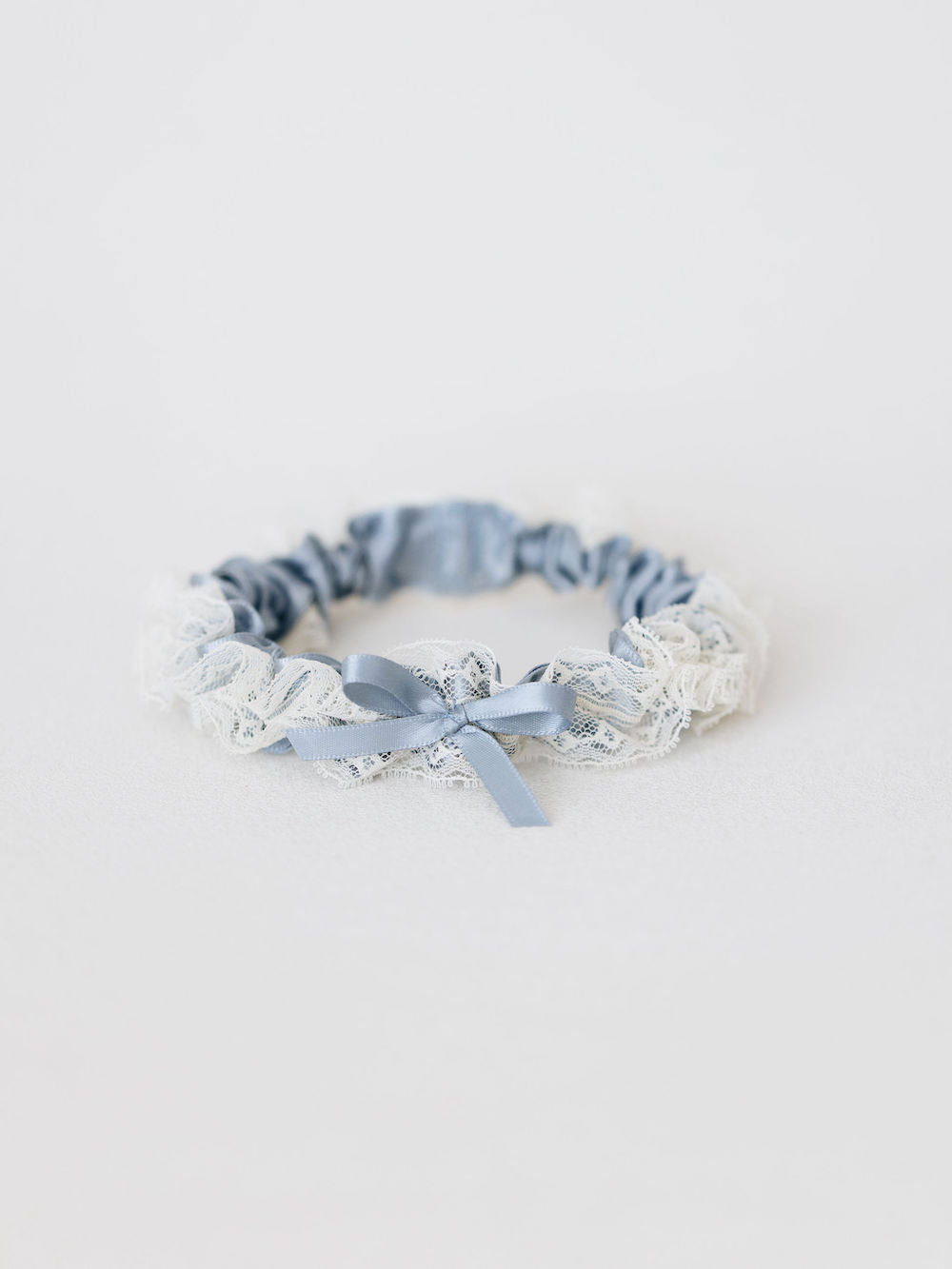 wedding garter with ivory lace & something blue satin and personalized embroidery - a handmade wedding heirloom by The Garter Girl