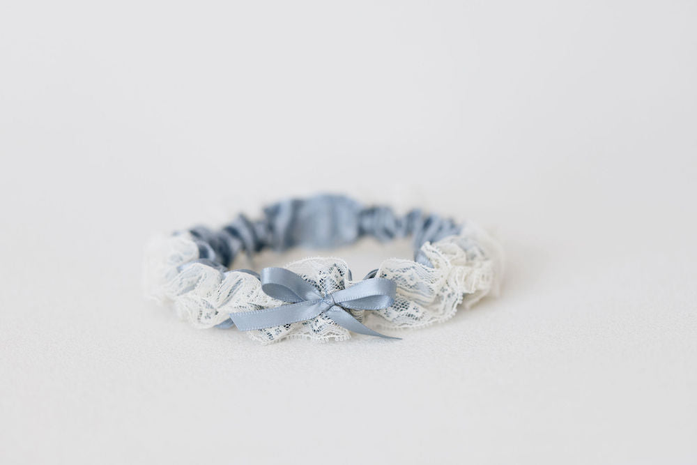 wedding garter with ivory lace & something blue satin and personalized embroidery - a handmade wedding heirloom by The Garter Girl