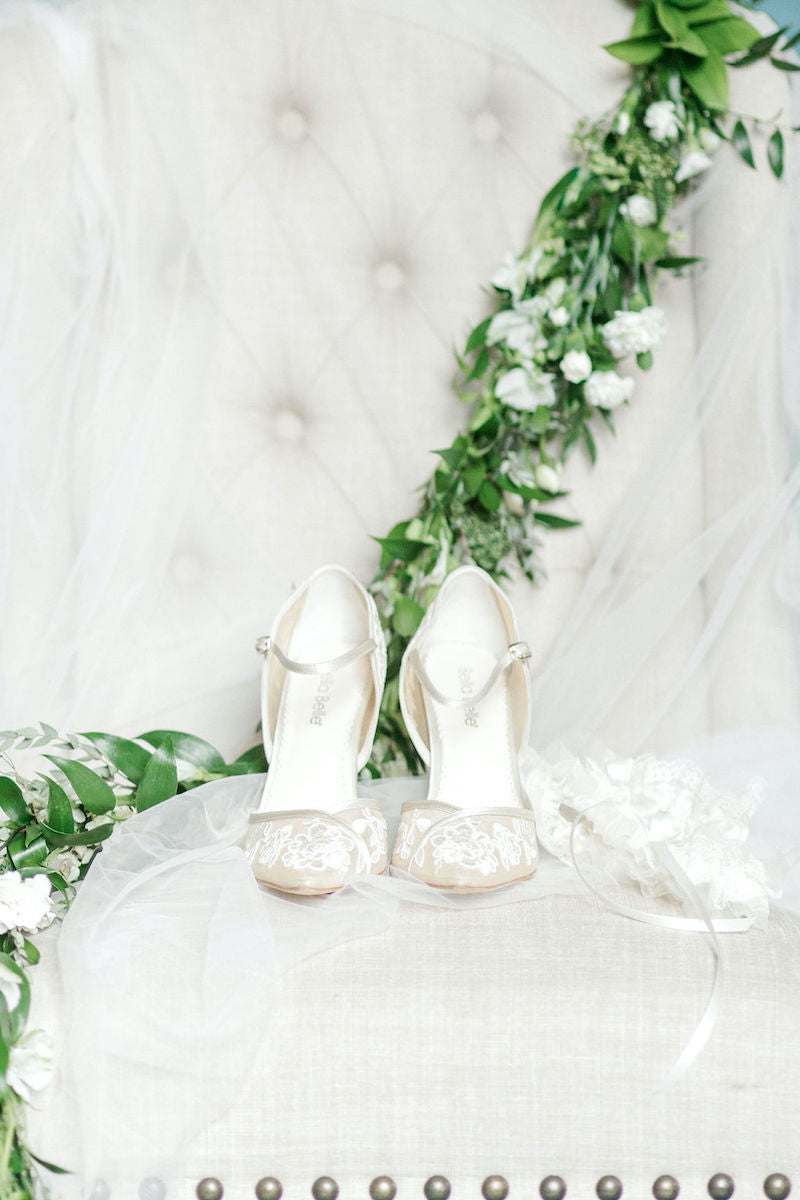 Lace Bridal Shoes with Lace Bridal Garter Styled Wedding Inspiration