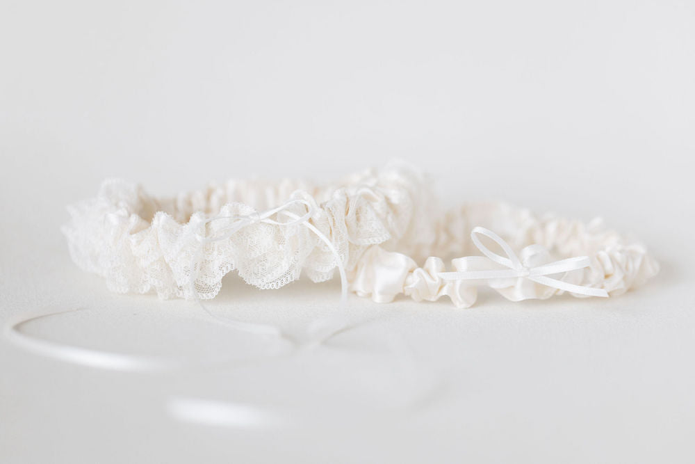 handmade lace and satin ivory wedding garter set, lace and satin handmade and personalized with date and initials wedding heirloom by The Garter Girl