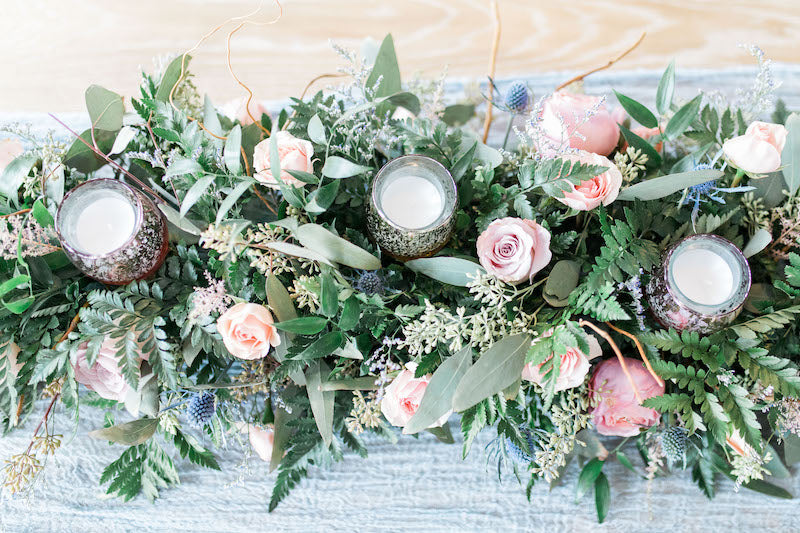 long floral wedding reception table garland centerpiece
