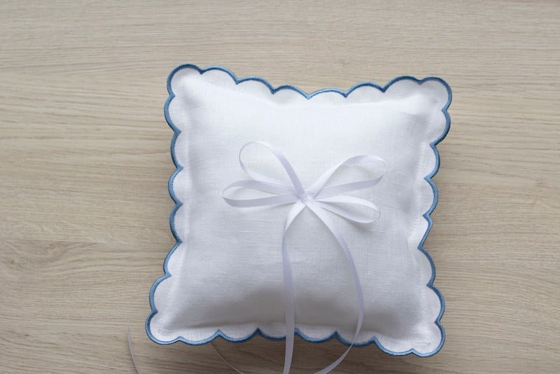 Linen Wedding Ring Pillow with Scalloped Edges