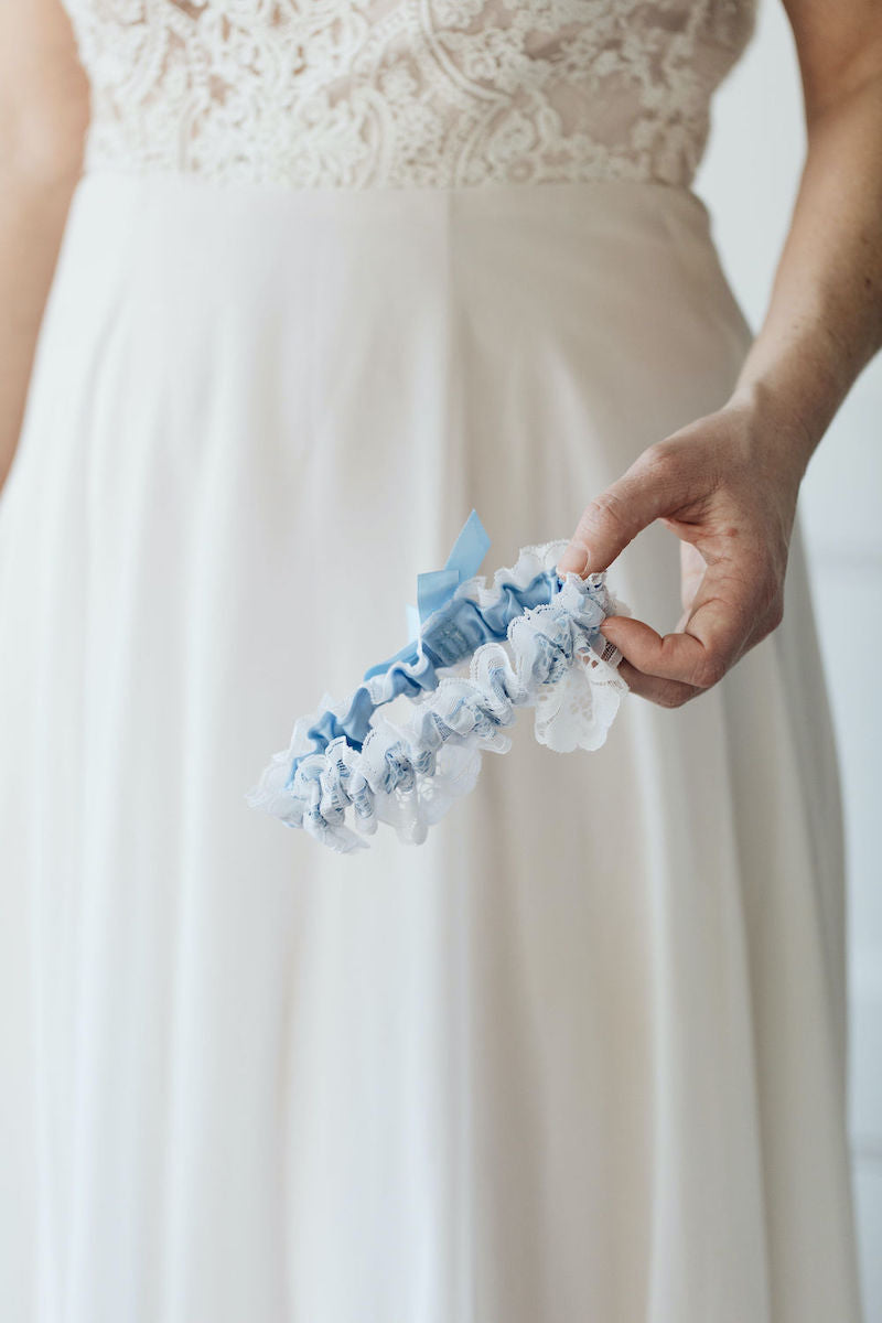 Beautiful blue satin & ivory lace wedding garter bridal accessory handmade by The Garter Girl