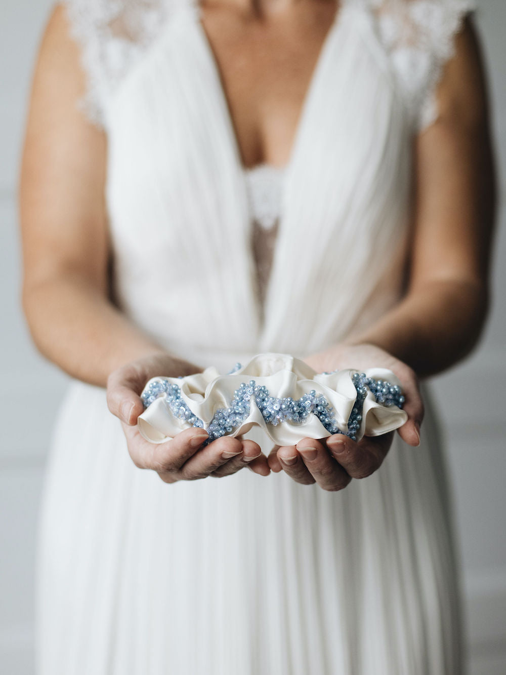 luxury sparkle wedding garter with blue beads, handmade heirloom by The Garter Girl